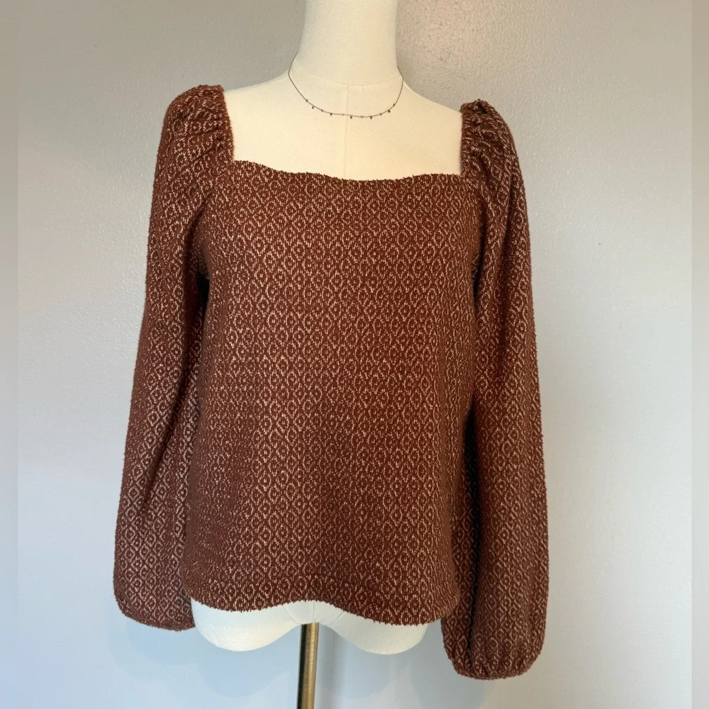 Madewell Brown Geo Print Balloon Sleeve Blouse Size Small Cotton Blend